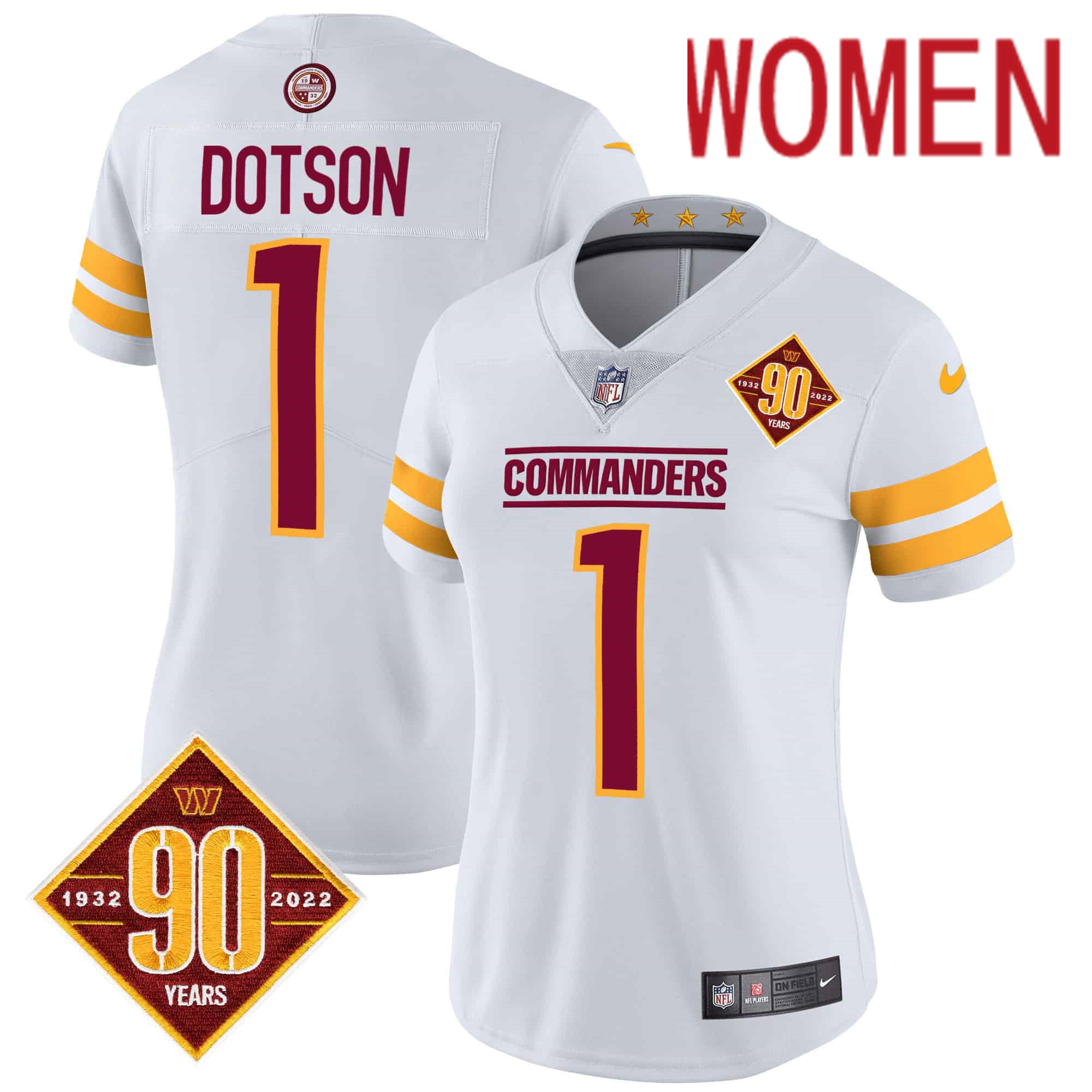 Women Washington Commanders 1 Dotson White 90th Anniversary Patch 2024 Nike Vapor Limited NFL Jersey